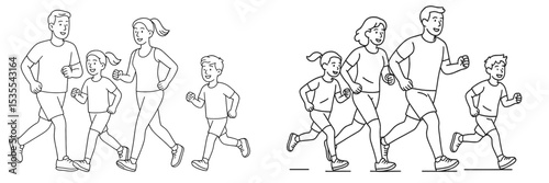Family enjoys a joyful run together in a park during a sunny afternoon