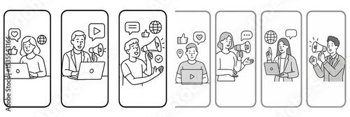 Multiple individuals engage in digital communication and content creation using computers and smartphones in various settings
