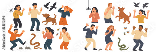 Illustration depicting people's reactions to common fears in a fun educational setting