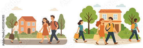 Couples and individuals walking in a lively neighborhood during a sunny afternoon with residential homes in the background