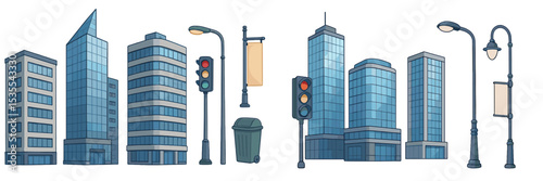 Cityscape illustration featuring modern buildings, traffic signals, and street elements in an urban setting