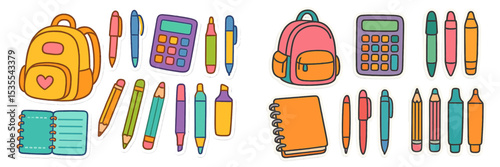 Colorful school supplies and backpacks arranged on a flat surface showing a range of writing tools and accessories