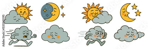Weather symbols representing sun, moon, clouds, and their expressions in a playful illustration