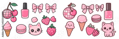 Cute pink stickers featuring sweets, bows, and playful animals suitable for creative projects and decorations