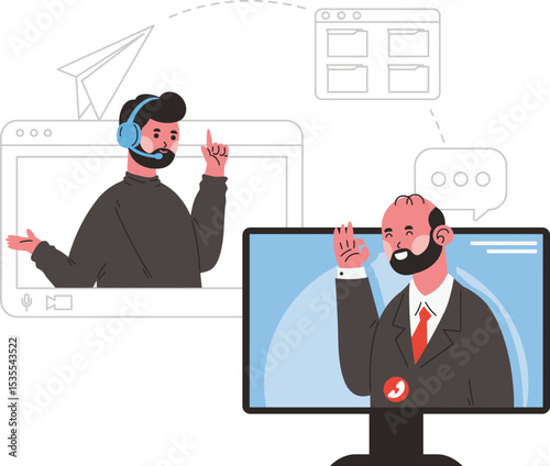 Digital Collaboration: A stylized illustration depicting two individuals engaged in a virtual meeting, signifying communication and connection.