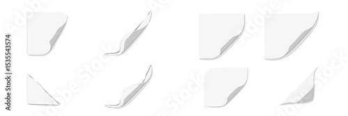 Smooth white paper corners slightly bent, displaying an array of orientations and styles for design applications