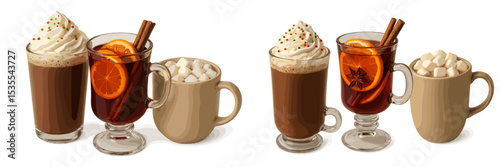 Warm holiday beverages with festive garnishes and whipped cream arranged on a table setting during winter season