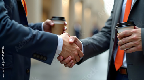 Business professionals shaking hands in formal attire while holding coffee cups, ideal for corporate branding and partnerships
