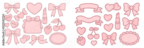 Cute pastel pink decorative elements featuring bows, hearts, and lipsticks ideal for crafting or design projects