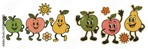 Fruit characters play in the sunshine with flowers and smiles in a colorful cartoon design