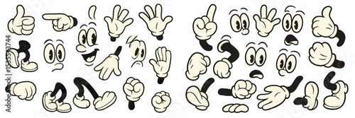 Hand gestures and expressions illustrate a variety of emotions and actions in a playful and cartoonish style