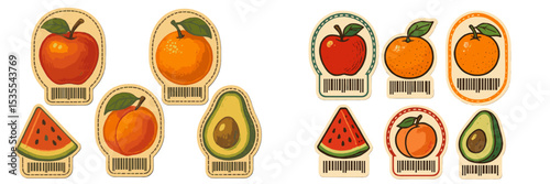 Colorful fruit labels featuring apples, oranges, avocados, and watermelons displayed on a soft background