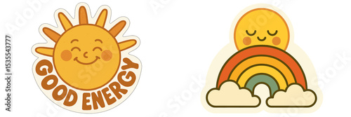 Happy sun and rainbow stickers promoting positivity and good vibes