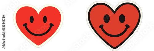 Happy heart stickers with smiley faces in vibrant red colors on a clean background showcase playful designs for decoration
