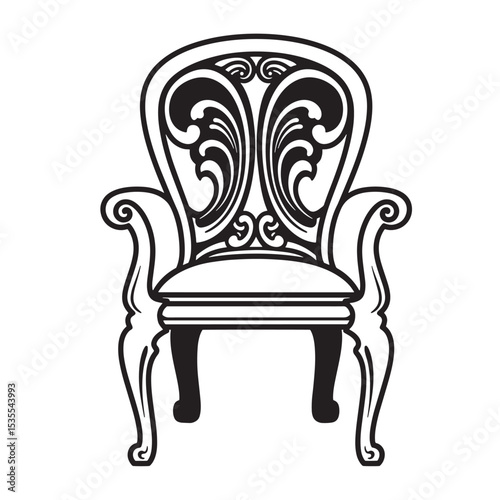 Elegant antique armchair silhouette illustration with ornate scrollwork design in a classic black and white style perfect for design projects.
