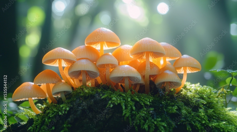 Fototapeta premium Cluster of small, orange-capped mushrooms on mossy ground, bathed in sunlight