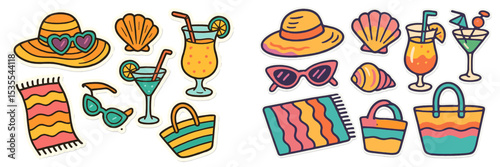 Colorful summer accessories and drinks perfect for a beach vacation showcasing relaxation and fun at a sunny seaside location