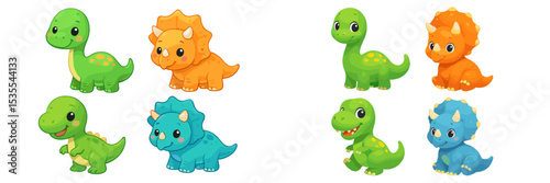 Colorful cartoon dinosaurs playfully arranged in a fun setting, showcasing various species and expressions, perfect for children's entertainment