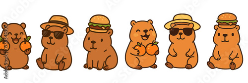 Cute animated bears enjoying summer fruits and burgers in various playful poses