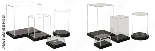 Display cases of varying sizes arranged on a white surface for showcasing collectibles or art pieces