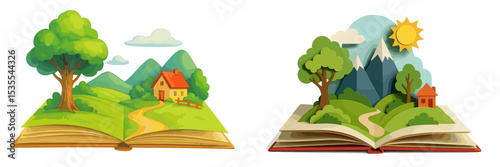 Creative paper art depicting a vibrant landscape with a house, trees, and mountains showing the beauty of nature through storytelling