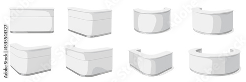 Variety of sleek white reception counters for modern office environments and events