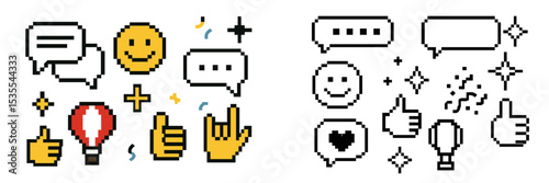 Colorful pixel art of emojis and icons representing emotions and expressions in a creative design