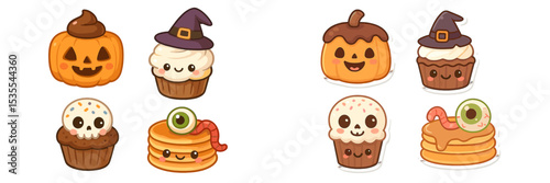 Cute Halloween treats featuring cupcakes, cookies, and pancakes designed for a festive celebration