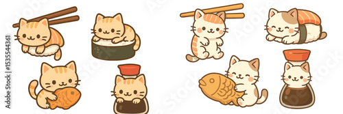 Cute cartoon cats enjoying sushi time with chopsticks in a playful kitchen setting