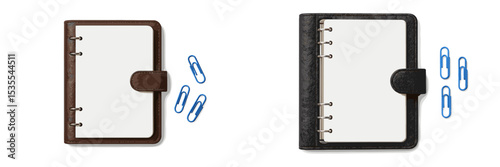 Attractive brown and black planners displayed with blue paperclips on a simple background