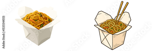 Two styles of noodles served in takeout containers, showcasing traditional and illustrated designs