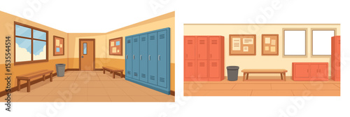 Interior design of a school hallway with lockers and benches during daytime