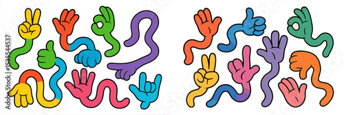 Colorful hand signs and abstract shapes create a vibrant pattern for artistic expression and communication