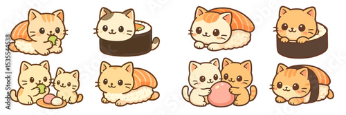 Cute cartoon cats enjoying sushi and playful activities in a colorful design featuring various sushi shapes