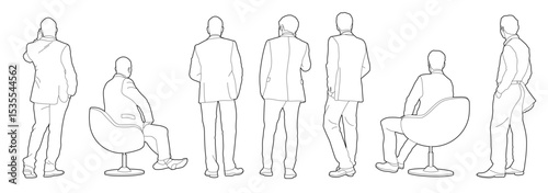 Men in cad lines architectural projects executives standing with suit back CAD illustration in editable vector lines