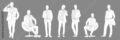 Men in suits front view executives standing, CAD illustration in editable vector lines