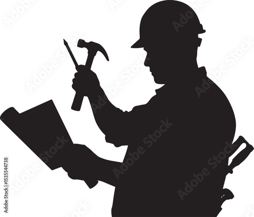Construction Worker Contractor Silhouette with Hammer and Hard Hat