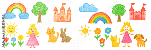 Colorful childhood drawings of castles, rainbows, animals, and smiling characters in a sunny outdoor setting