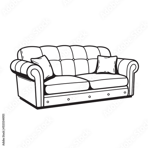 Elegant vector silhouette illustration depicting a comfortable two seater couch with detailed cushion and pillow design
