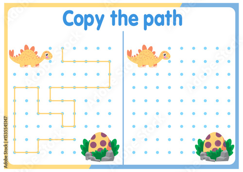Activities for kids. Copy the path. Logical games for kids. Vector illustration. Square format book dinosaur	
