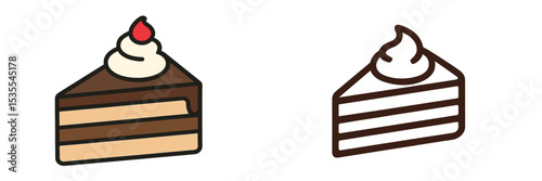 Different styles of cake slice illustrations showcasing chocolate dessert with cream topping and layer design