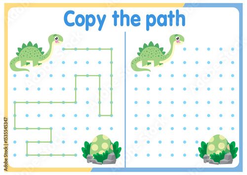 Activities for kids. Copy the path. Logical games for kids. Vector illustration. Square format book dinosaur	
