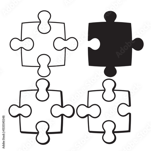 Four interlocking jigsaw puzzle pieces with one piece solid black displayed in a simple black and white silhouette