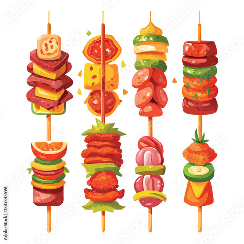 Colorful vector illustration of delicious skewers featuring various foods and appetizers
