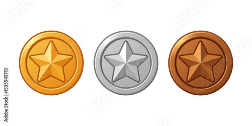 Set of game coins. Rating medals for game user interface. Game award for third, second and first place. Cartoon vector illustration.