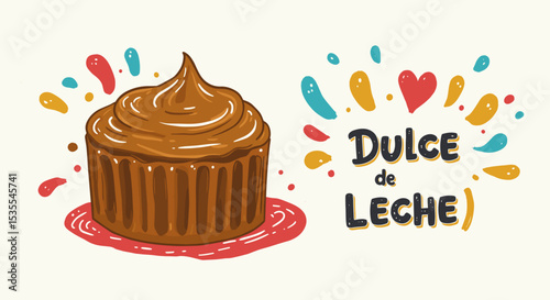 Delicious dulce de leche cupcake with colorful splashes and text  