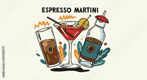 Espresso Martini illustration with cocktail glass and bottle  