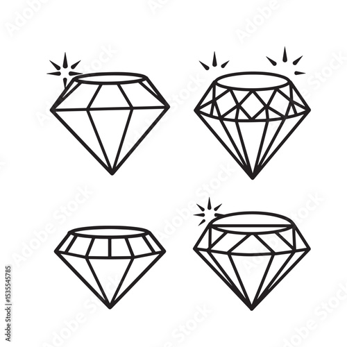 Four sparkling diamond silhouettes in black and white outline designs showcasing brilliance and luxury ideal for embellishments and decor