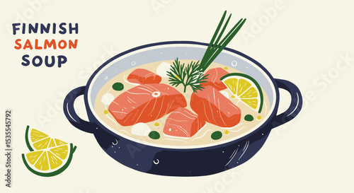 Finnish salmon soup in a bowl with herbs and lime garnish  