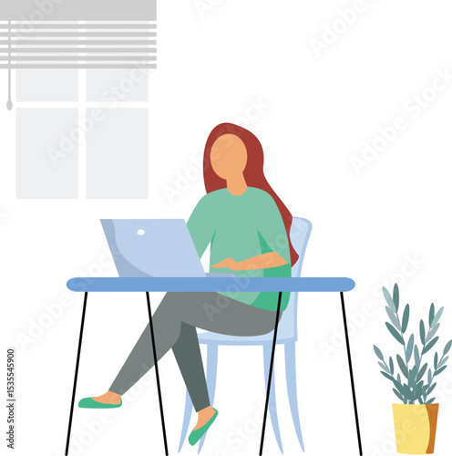 Digital Workspace Harmony: A young woman with flowing red hair works diligently on her laptop at a sleek desk, in a modern home office setting with natural light streaming through the window.